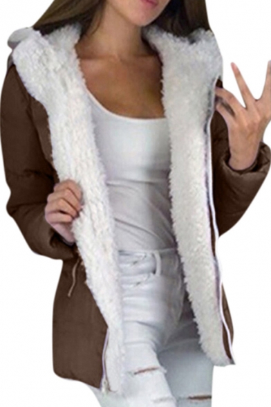 Leisure Ladies Solid Color Sherpa Liner Long Sleeve Hooded Regular Fit Jacket
