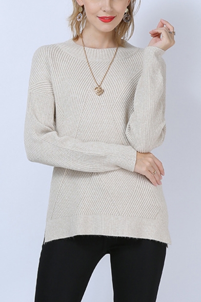 Leisure Womens Plain Split Side Round Neck Long Sleeve Regular Fit  Knitwear Pullover Sweater