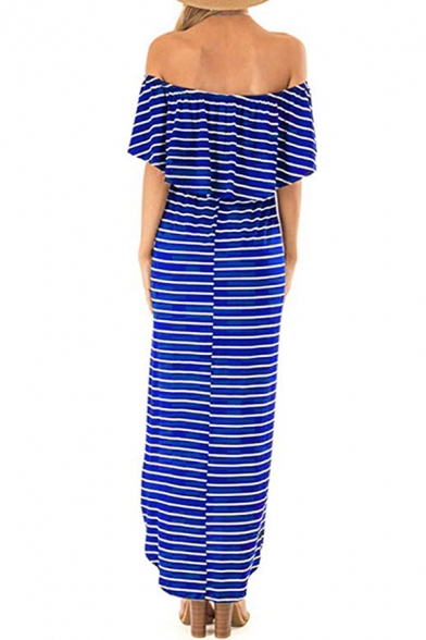 Leisure Womens Stripe Printed Off the Shoulder Twist Hem Slit Side Long Shift Dress