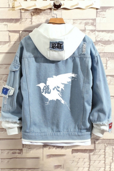 Letter Karasuno Vbc Eagle Graphic Patched Long Sleeve Ripped Hooded Fake Two Piece Loose Fit Cool Denim Jacket