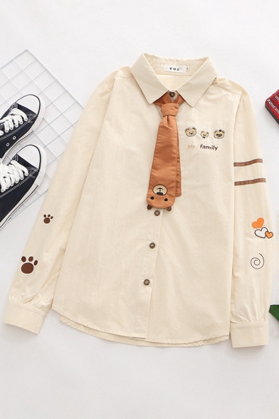 Lovely Letter My Family Cartoon Bear Embroidery Striped Long Sleeve Point Collar Button up Loose Khaki Shirt with Tie