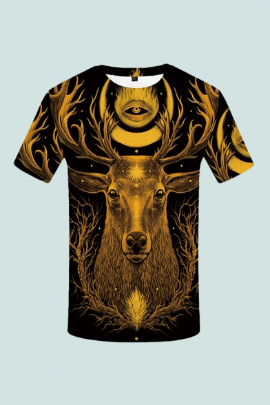 Mens 3D T-Shirt Fashionable Christmas Elk Eye Branch Printed Slim Fit Short Sleeve Round Neck T-Shirt