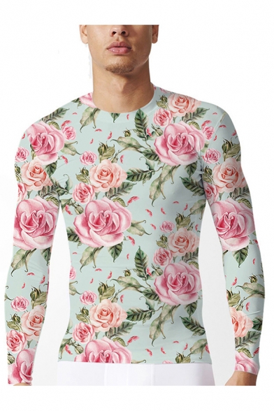 Mens 3D T-Shirt Trendy All-over Rose Printed Slim Fitted Round Neck Long Sleeve T-Shirt