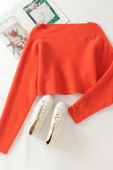 

Orange Simple Solid Color Crew Neck Long Sleeve Slim Fit Cropped Womens Pullover Sweater, LM679076