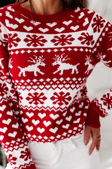 Pop Womens Elk Snowflake Heart Print Crew Neck Long Sleeve Regulaar Fit Knitwear Pullover Sweater