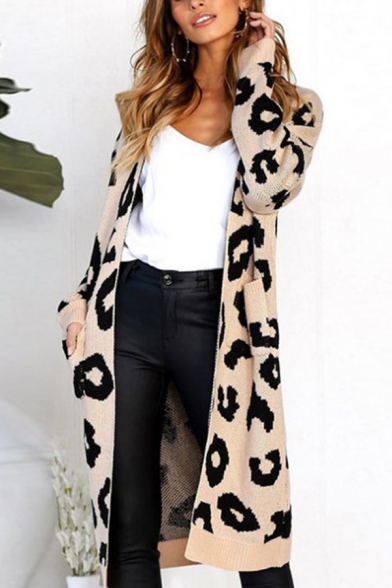 Pop Womens Leopard Printed Open Front Pocket Long Sleeve Relaxed  Longline Knitted Cardigan Sweater Coat