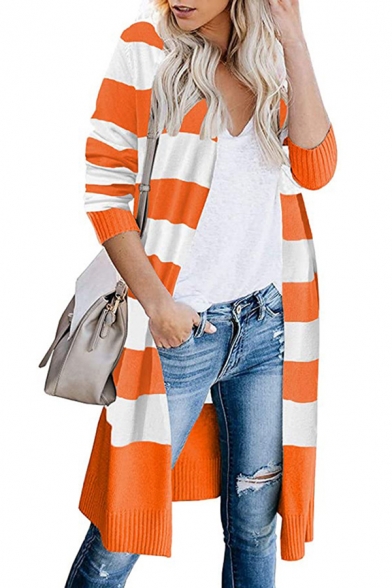 Pop Womens Striped Color Block Open Front Long Sleeve Relaxed  Longline Knitted Cardigan Sweater
