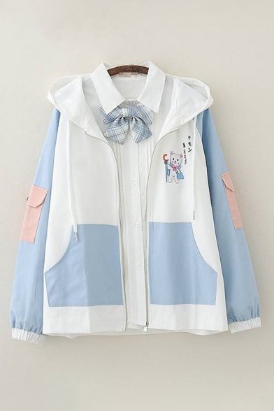 Pretty Japanese Letter Cat Embroidered Contrasted Long Sleeve Hooded Drawstring Zipper Front Relaxed Jacket for Girls
