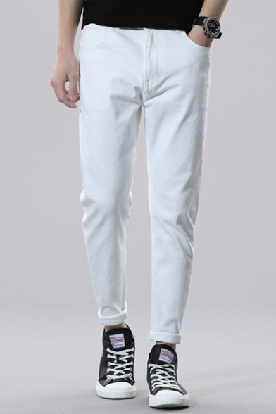 Retro Mens White Jeans Solid Color Rolled Cuffs Zipper Fly Regular Fit 7/8 Length Tapered Jeans