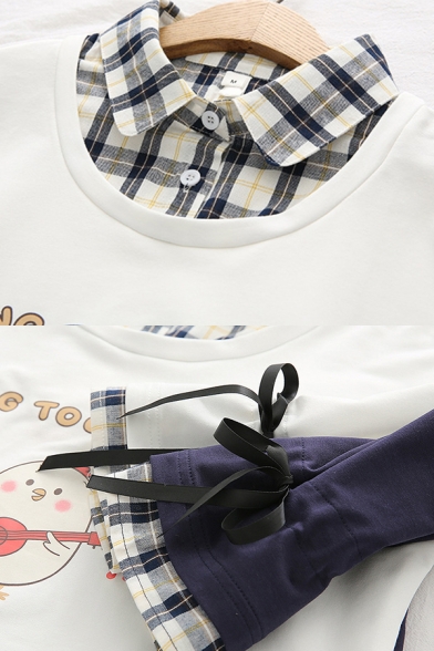 Stylish Womens Chick Graphic Fake Two Piece Plaid Print Drawstring Long Sleeve Polo Collar Relaxed Sweatshirt