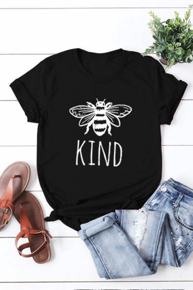 Summer Girls Letter Kind Bee Graphic Short Sleeve Crew Neck Slim Fitted T Shirt