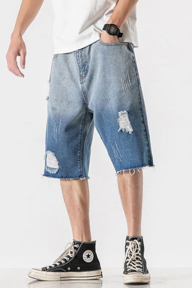 Trendy Mens Jean Shorts Ombre Pattern Ripped Pocket Zipper Mid Rise Regular Fitted Jean Shorts for Men
