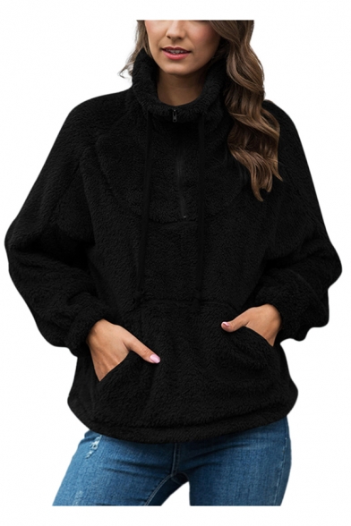 Trendy Solid Color Half-Zip Stand Collar Drawstring Kangaroo Pocket Long Sleeve Relaxed Fit Plush Pullover Sweatshirt