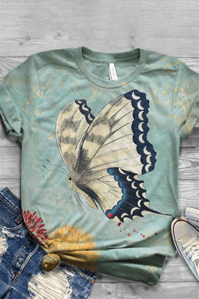 Womens Stylish Butterfly Cow Printed Rolled Short Sleeve Crew Neck Regular Fit Tee Top