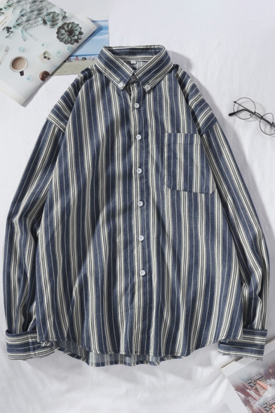 Basic Mens Shirt Striped Printed Button down Collar Relaxed Fit Long Sleeve Shirt with Chest Pocket