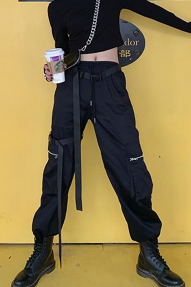 Black Casual Drawstring Waist Utility Cuffed Ankle Length Oversize Cargo Pants for Girls