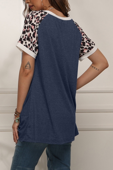 Casual Leopard Print Patchwork Twist Front Contrast Trim Round Neck Short Sleeve T-Shirt for Women