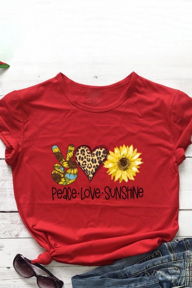 Casual Womens Letter Peace Love Sunshine Heart Gesture Sunflower Graphic Roll Up Sleeve Crew Neck Fit T Shirt