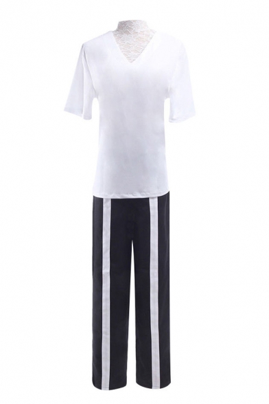 Cool Anime Costume Contrasted Long Sleeve Stand Collar Relaxed Jacket & Long Striped Straight Pants Set in Black