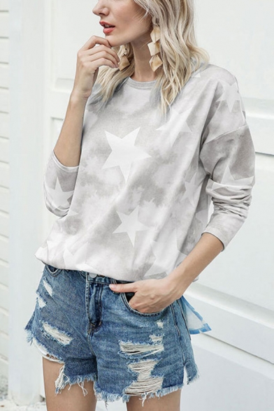 Dainty Tie-dye Star Printed Slit Side Round Neck Long Sleeve Loose Fit High Low Tee for Firls