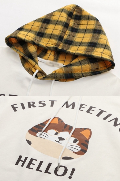 Fashionable False Two Piece Plaid Printed Patched Long Sleeve Drawstring Letter First Meeting Cat Graphic Relaxed Hoodie