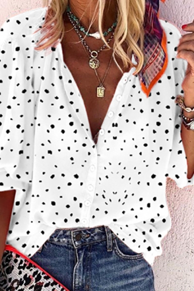 Fashionable Womens Polka Dot Printed Button up Turn-down Collar Bishop Sleeve Loose Fit Blouse Top