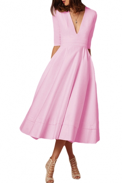 Formal Womens Plain Half Sleeve Deep V-neck Mid Pleated Flared Dress