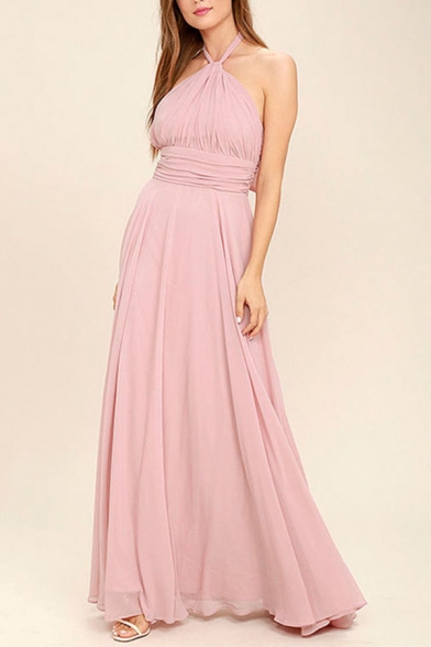 

Glamorous Laides Halter Bow Tied Backless Maxi Pleated A-line Dress in Pink, LM657917