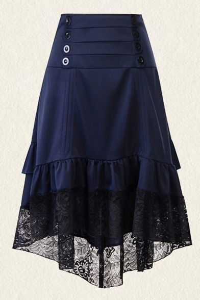 Hot Popular Womens High Low Double Ruched Button Pleated Ruffle Cuff Patcheed Lace Trim High Rise Long Asymmetric Skirt