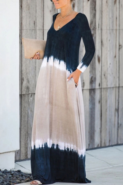 Leisure Tie Dye Printed Colorblock Long Sleeve V-neck Maxi Oversize T-shirt Dress for Women