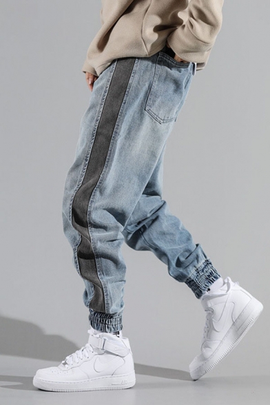Mens Blue Jeans Casual Side Stripe Cuffed Zipper Fly Ankle Length Relaxed Fit Tapered Jeans with Washing Effect