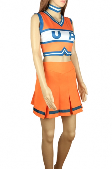 Popular Color Block Asymmetric Hem V Neck Sleeveless Slim Crop Tank Top & Elastic Waist Mini A-Line Pleated Skirt Set in Orange