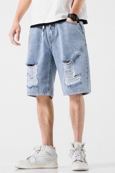 Popular Mens Jean Shorts Light Wash Ripped Drawstring Mid Rise Regular Fitted Jean Shorts with Pocket