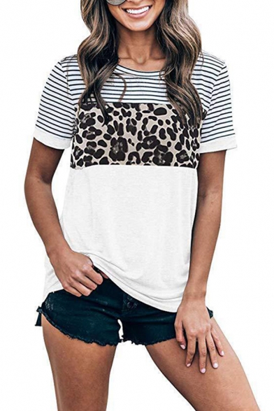 Amober Short Sleeve for Women,Womens Leopard Colorblock Striped Short Sleeve T-Shirt Round Neck Casual Top