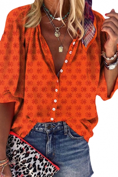 Popular Womens All over Floral Print Button up Turn-down Collar Bishop Sleeve Relaxed Fit Blouse Top