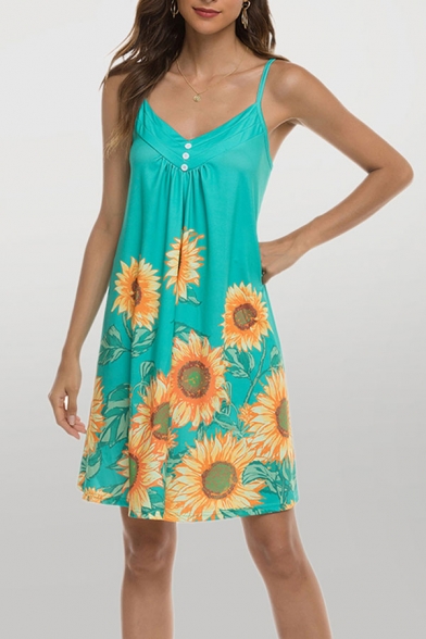 Summer Sunflower Print Spaghetti Straps V-neck Button Detail Ruched Short Swing Slip Dress for Ladies