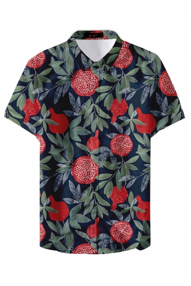 Vintage Mens Shirt Pineapple Pomegranate Orange Watermelon Coconut Avocado Pattern Button-down Short Sleeve Spread Collar Slim Fitted Shirt