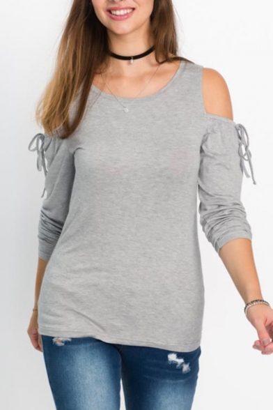 Women's Plain Cold Shoulder Long Flared Sleeve Grey Casual T-Shirt