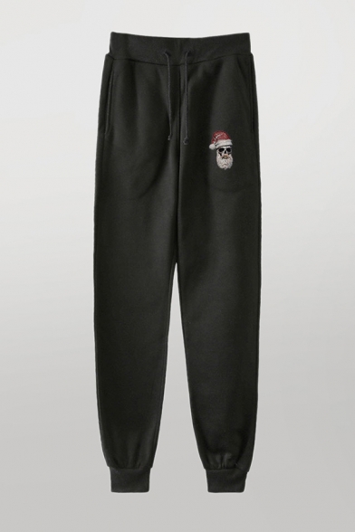 Athletic Mens Joggers Skull Father Christmas Pattern Drawstring Cuffed Mid Rise Fitted 7/8 Length Joggers with Pocket