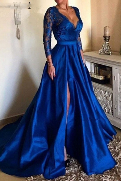 Blue Glamorous Womens Solid Color Hollow Out Lace Gathered Waist Scalloped V Neck 3/4 Sleeve Floor Length Fit&Flare Gown Evening Dress