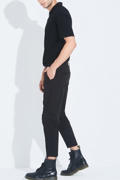 Casual Mens Pants Solid Color Zipper Fly Button Pocket Mid Rise Regular Fitted Ankle Length Pants