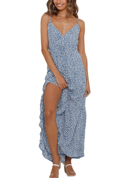 Charming Womens Ditsy Flower Pattern Spaghetti Straps V-neck Slit Side Ruffled Maxi A-line Slip Dress in Blue