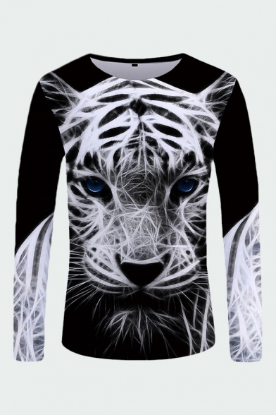 Classic Mens 3D Tee Top Abstract Tiger Printed Long Sleeve Round Neck Slim Fitted Tee Top