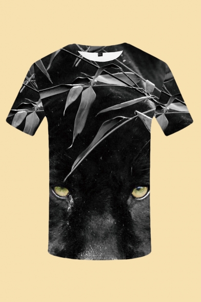 Classic Mens 3D Tee Top Cat Bamboo Pattern Short Sleeve Round Neck Slim Fitted Tee Top