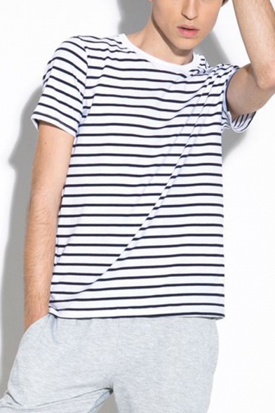 Classic Mens Tee Top Striped Pattern Short Sleeve Round Neck Regular Fitted Tee Top