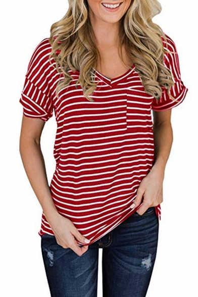 

Classic Womens Striped Checkered Pocket Rolled Edge Short Sleeve V Neck Regular Fit Tunic Tee Shirt, Black;green;red;dark blue, LM660544