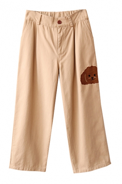 Cute Girls Cartoon Dog Face Embroidery Patched Pockets Pleated High Waist Straight Cargo Pants