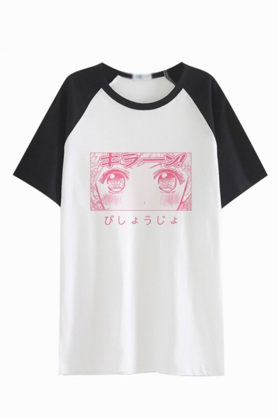 Cute Girls Japanese Letter Comic Face Graphic Short Sleeve Crew Neck Relaxed T Shirt