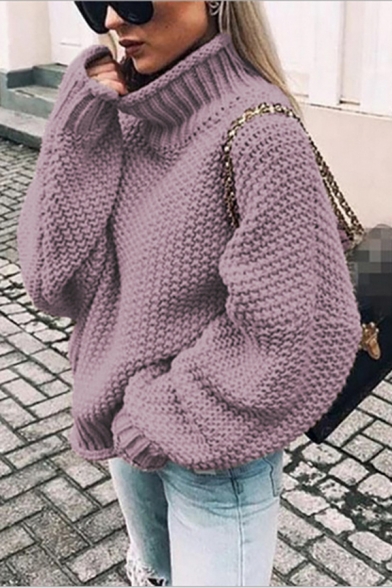 Fashionable Womens Plain High Neck Full Sleeve Relaxed Knitted Pullover Sweater Top
