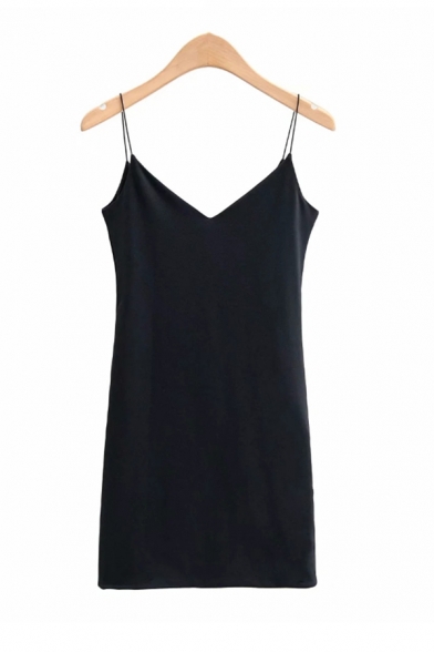 Girls Edgy Blingbling Plain V-Neck Spaghetti Straps Backless Night Club Mini Fitted Cami Dress